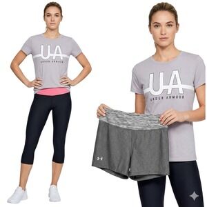 Under Armour Womens UA Performance T Shirt & Athletic Shorts Leggings Set Gray L
